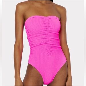NWT $275 Milly S M Textured Ruched One Piece Neon Pink Stretchy Logo Charm